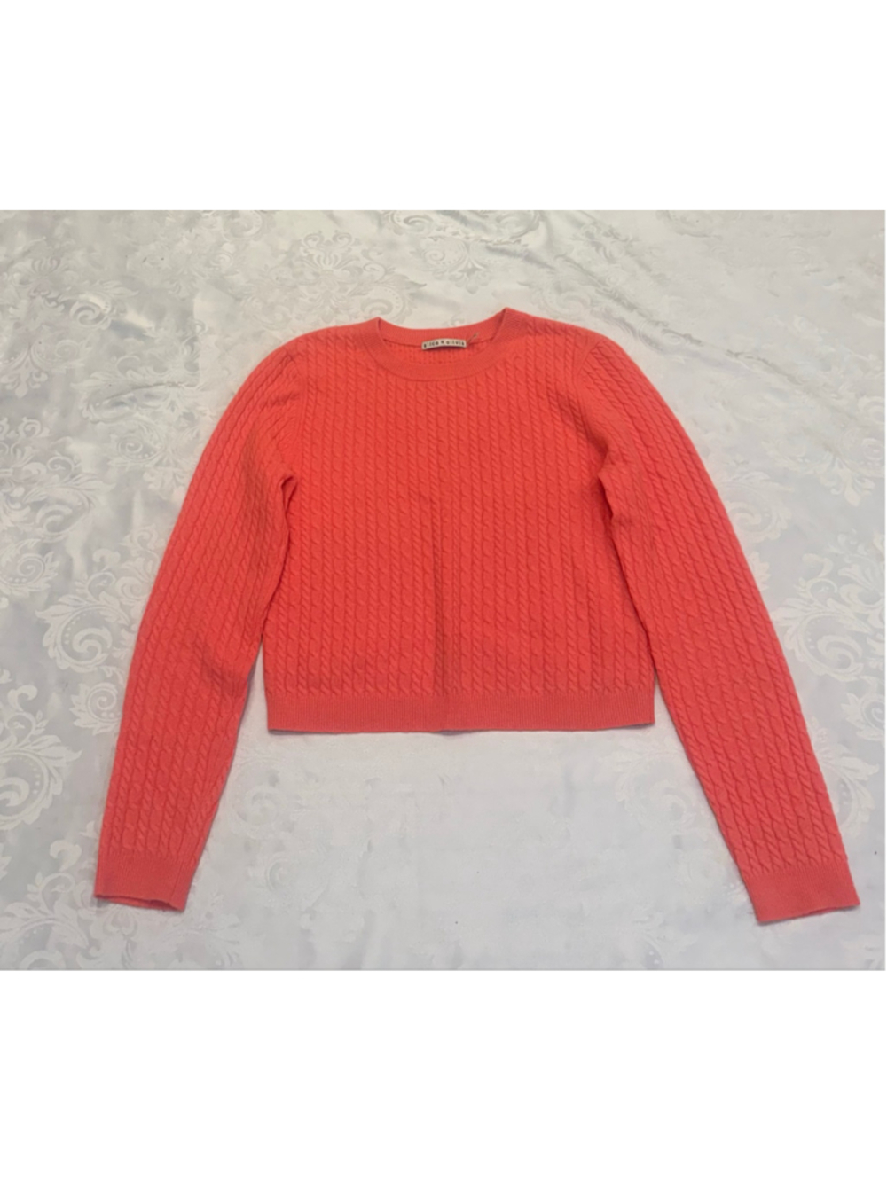 Alice + Olivia Ciara Cashmere Cable Knit Cropped Crewneck Sweater, Coral, L - Picture 3 of 7
